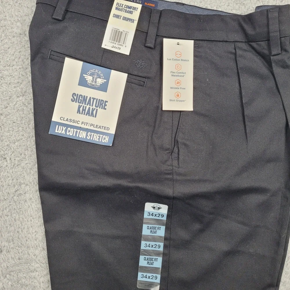 Dockers Signature Khaki Classic Fit Pleated Lux Cotton Stretch Black Pants 34x29